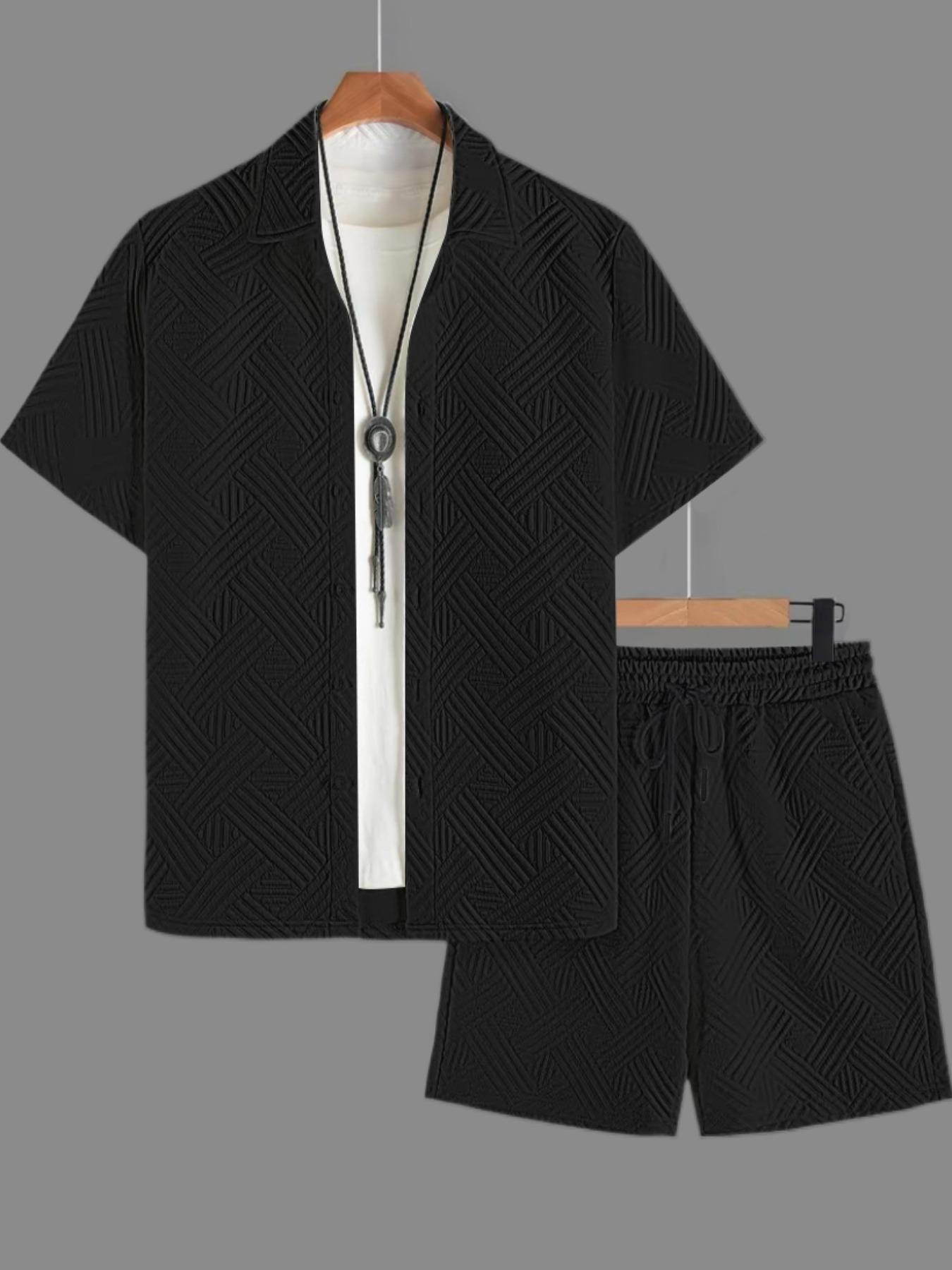 Two-piece Set Men's Solid Color Button Top & Drawstring Waist Shorts Set, Regular Fit Casual Short Sleeve Top & Pocket Shorts, Shortsleeve Men's Summer Clothes, Loungewear, Pajamas Set