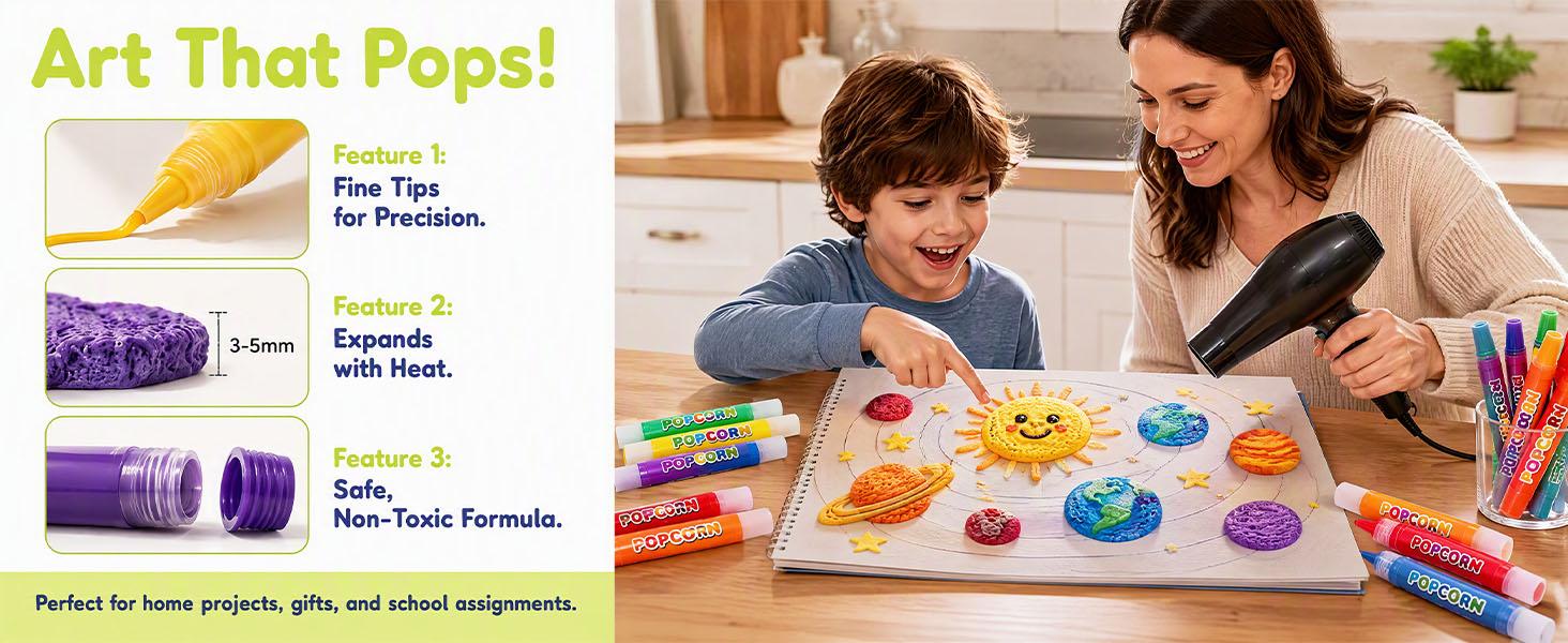 Popcorn Pens, Puffy Popcorn Pens 3d Art, 6 Colors Diy Bubble Popcorn Drawing For Greeting Birthday Cards Kids, 6PCS-1 Box