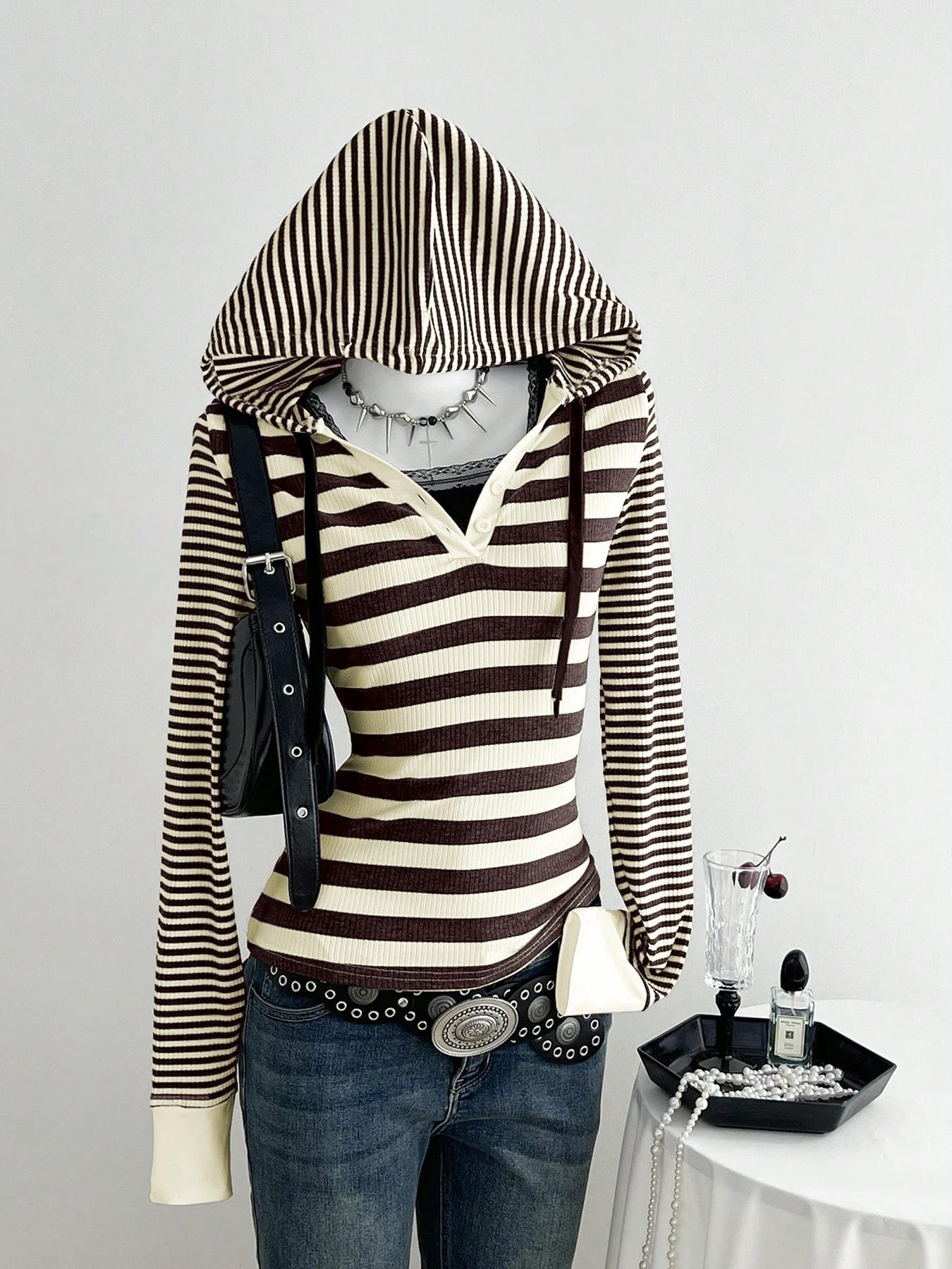 American Street Style Striped Hooded Top for Daily, Trendy Casual Slim Fit Wear