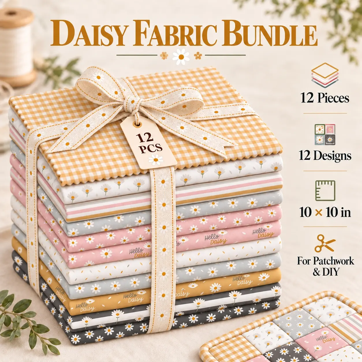 12Pcs Hello Daisy Fat Quarter Fabric Bundle, 25.4x25.4cm(10x10in) Precut Patchwork Cloth, Pastoral Daisy Floral Print 100% Polyester Cotton-Feel Plain Weave Cozy Fabric for DIY Sewing, Quilting, Crafting, Applique, Scrapbooking, Pillow & Home Decor