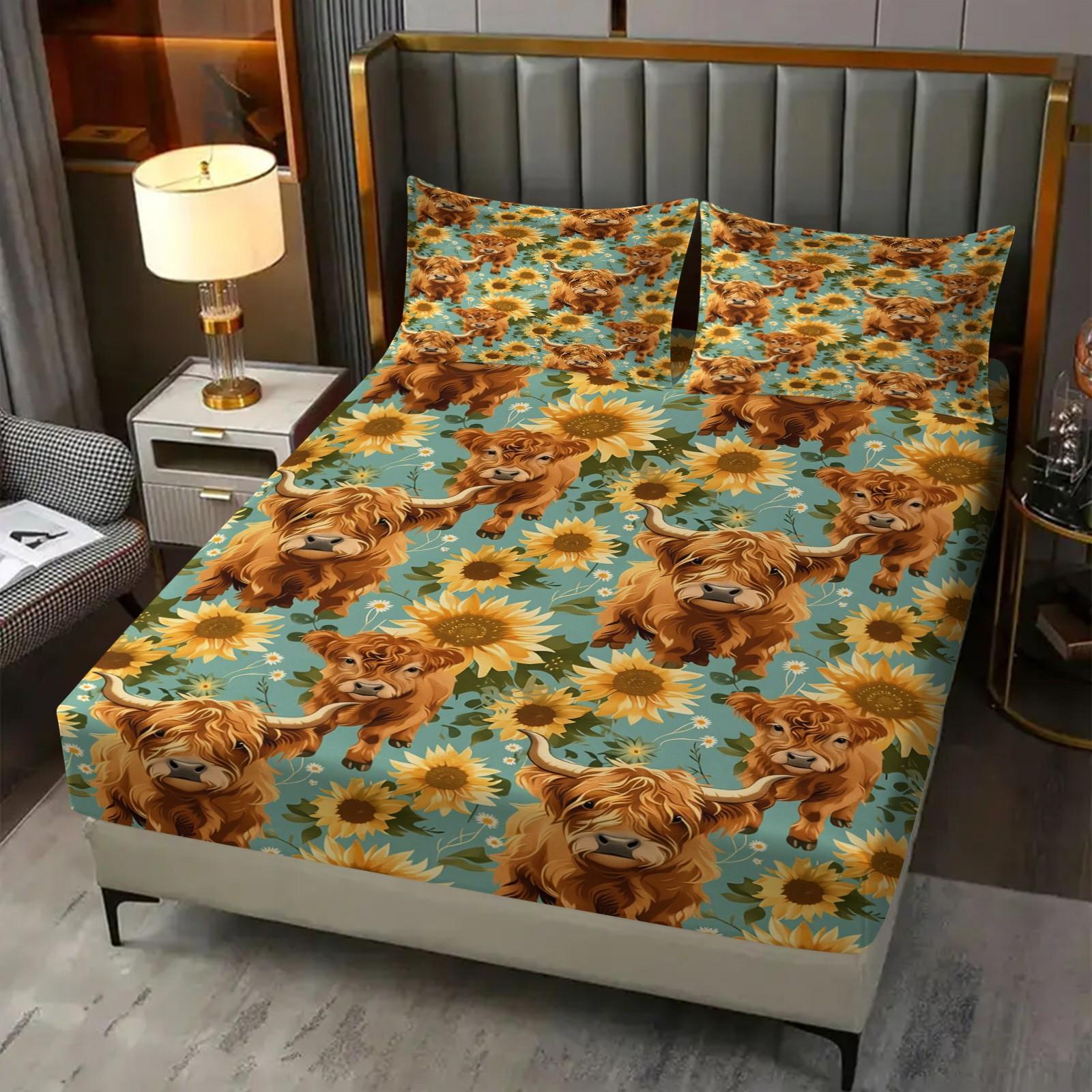 3-Piece Highland Cow & Sunflower Fitted Sheet Set, 1 Fitted Sheet + 2 Pillowcases, Soft Breathable Fabric, Non-Slip Mattress Cover, Floral Cow Bedding, Perfect for Teen Bedroom, Farmhouse Room Decor