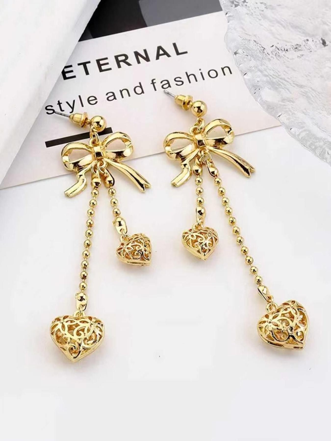 Elegant Bow Earrings, Hollow Metal Heart Pendant, Star Moon Design, Classic Women's Jewelry, Perfect for All Seasons