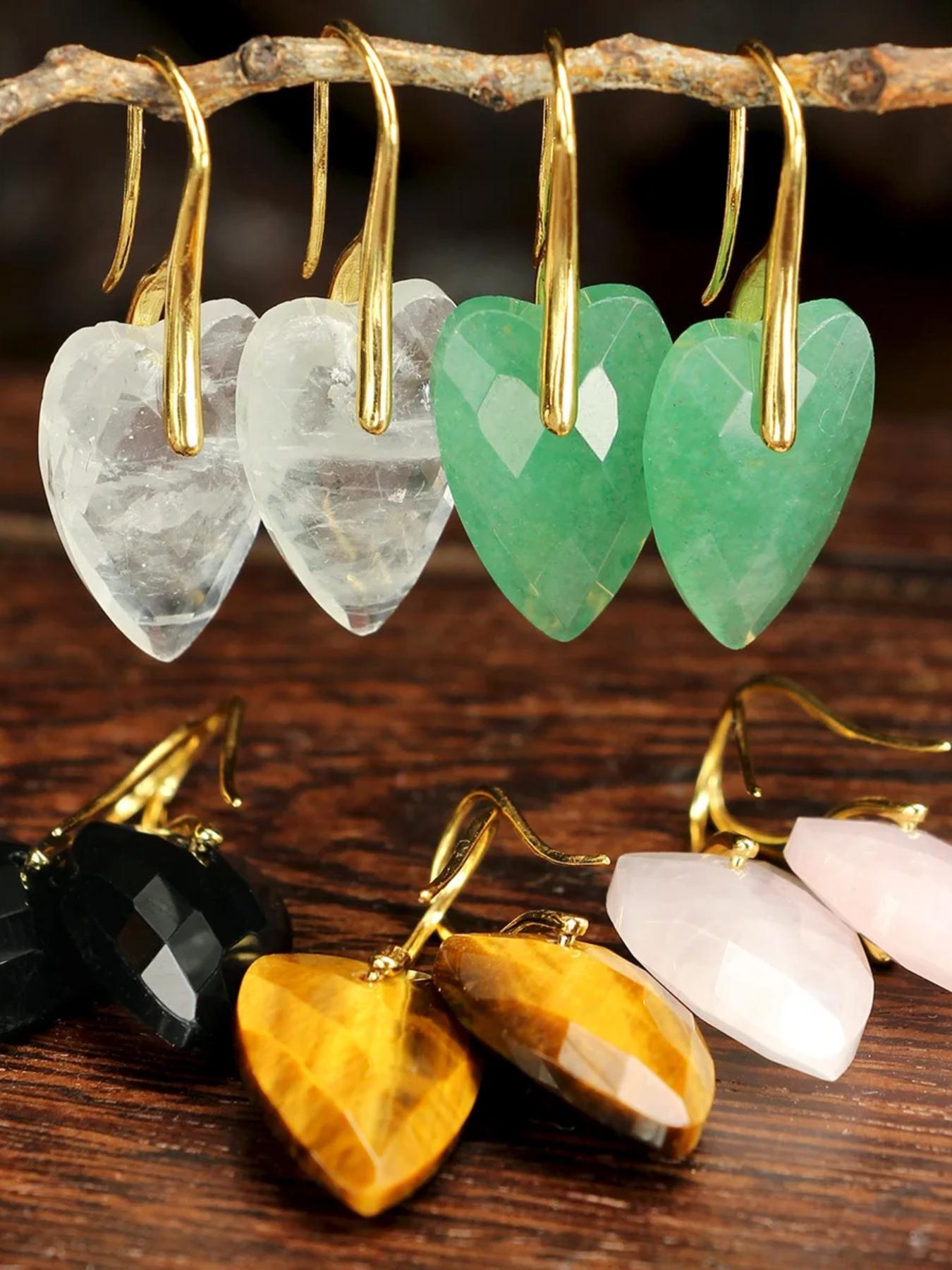 Natural Stone Heart Pendant Earrings, Amethyst Hanger Pendant Quartz Jade Carved Heart Earrings, Elegant Vintage Jewelry for Women, Luxury Accessories