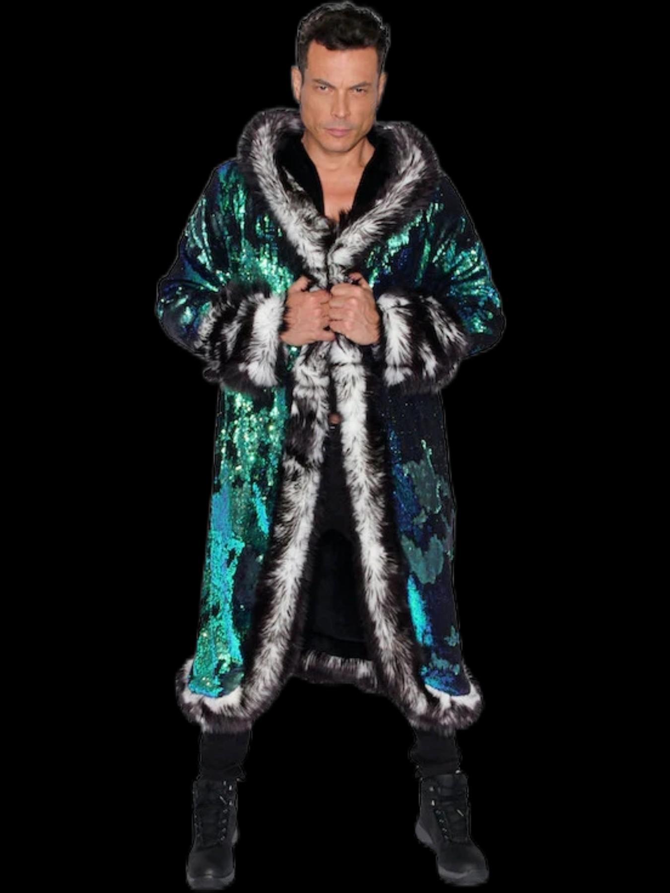 Men's LED Glow Hooded Jacket, Faux Fur Style, Colorful Light Strips, Plush Trim, Sequins, Festival Party Night Outwear