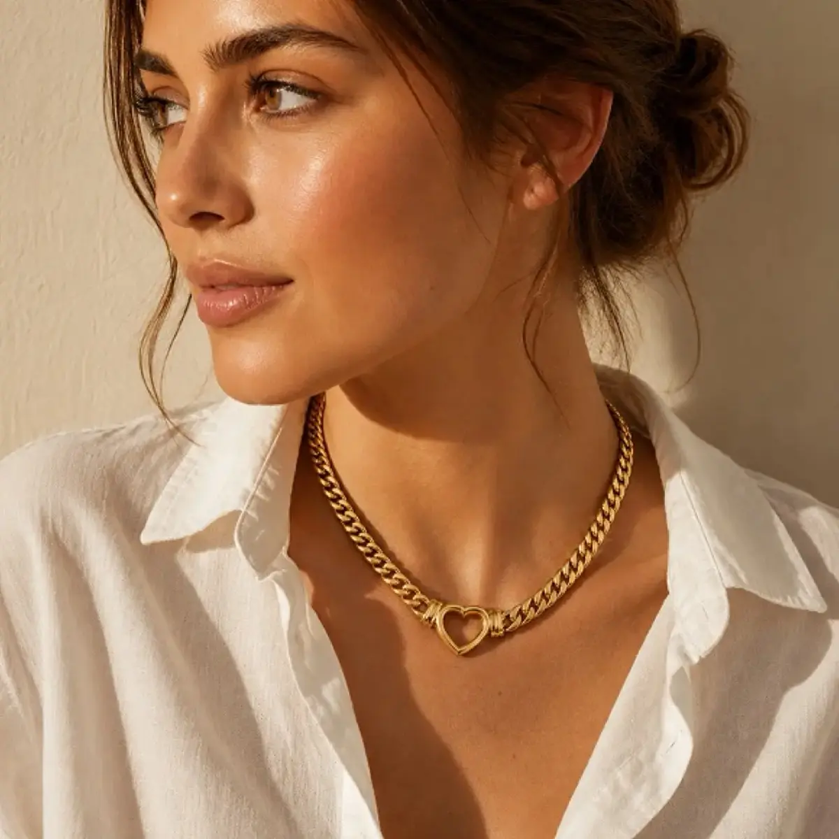 Stainless Steel Cuban Link Heart Chain - Adjustable Woven Braided Unisex Necklace, Elegant Urban Streetwear Jewelry Gift