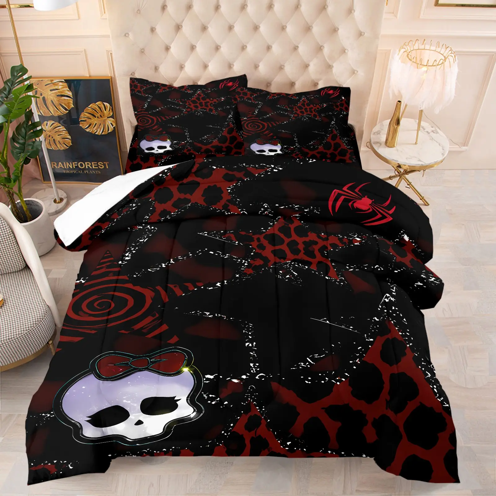 Red Black Leopard Star Bow Skull Comforter Set, Bed Sets Supplies, 1 Quilt + 2 Pillowcases, Glitter Star Spiral Pattern Bowtie Skull Print, Comfortable Warm Bedding, Y2K Dark Sweet Cool Style Youth Bedroom Dorm Gaming Room Decor