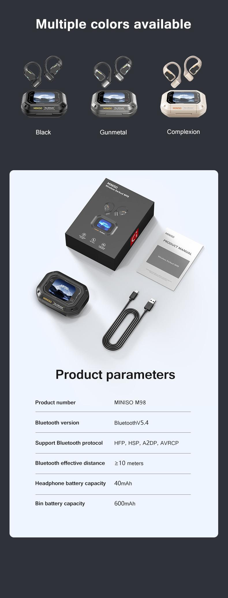 MINISO M98 Wireless Earbuds，headphones Stereo，30H Long Playtime,Built-in Mic Headset,High-quality sound  Earbuds,Headphones Immersive Premium Sound Long Distance Connection Earphones With Charging Box,for Gym Running Workout