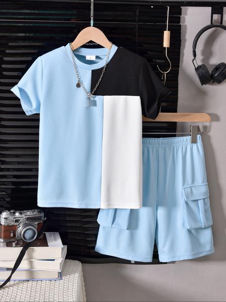 Two-Piece Set Boy's Colorblock Print Short Sleeve Tee & Plain Pocket Elastic Waist Shorts, Casual Comfort and Functionality Round Neck T-shirt & Cargo Shorts for Summer, Kids Clothes for Daily Wear