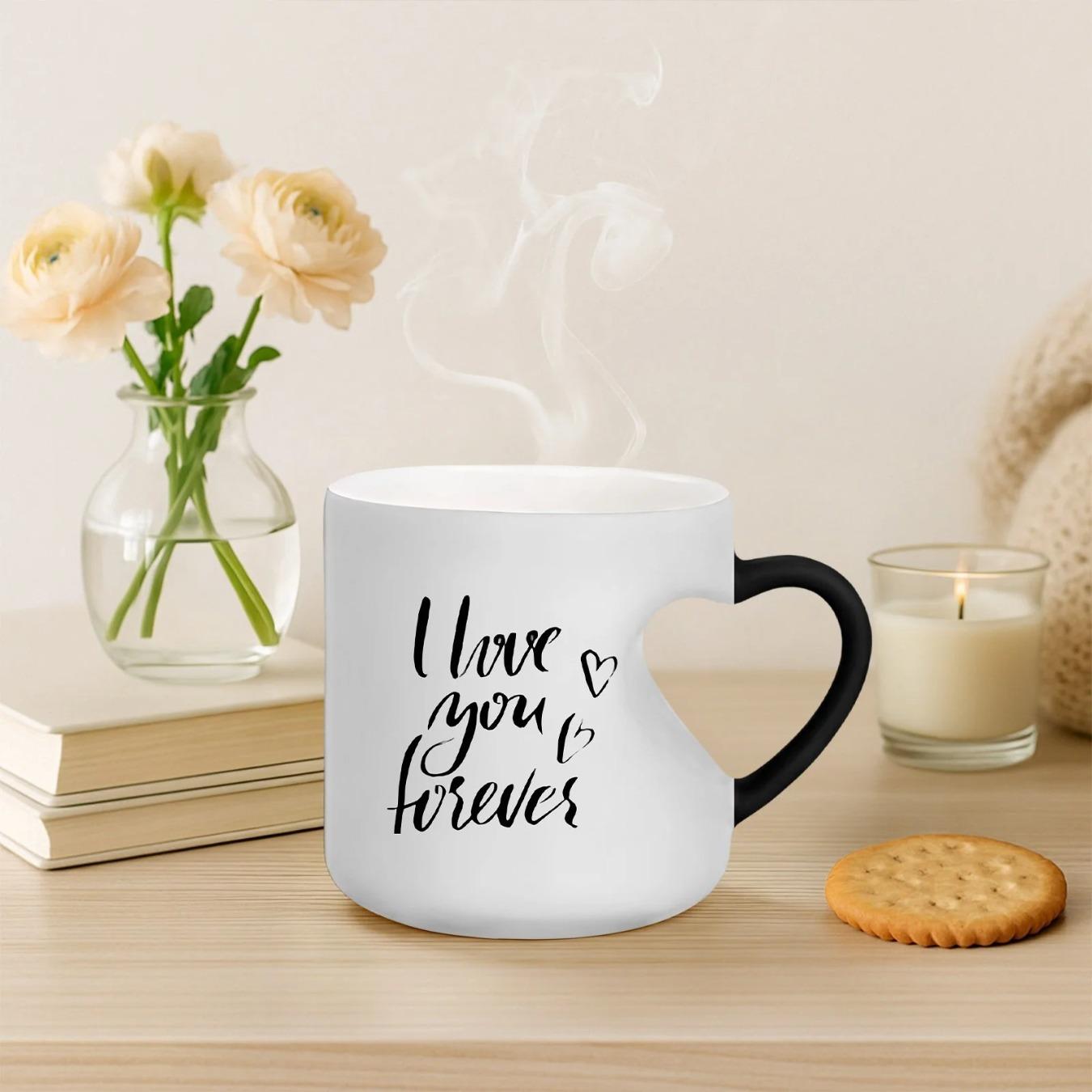 Heart Mug,Heart-Shaped Color Changing Ceramic Mug,Heart Shaped Mug,Coffee Cup With Handle That Reveals Surprise Design When Filled With Hot Beverage Romantic Gift For Her/Him