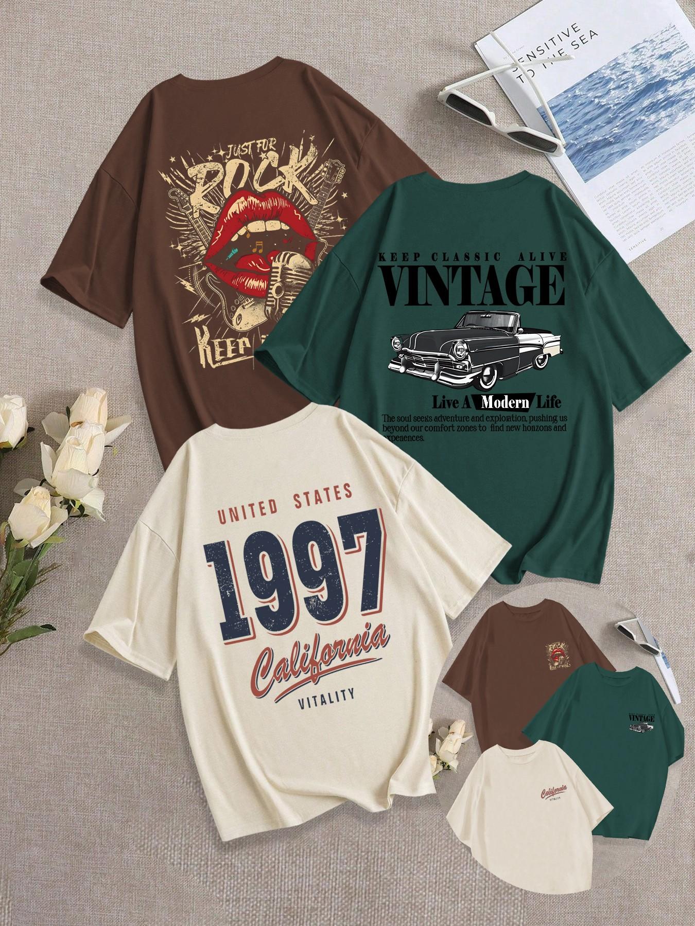 3-Pack Breathable Casual, Classic Loose Fit Round Neck T-Shirt, Vintage Comfortable Mouth/Car Pattern Print Daily Wear, Trendy Summer Tee
