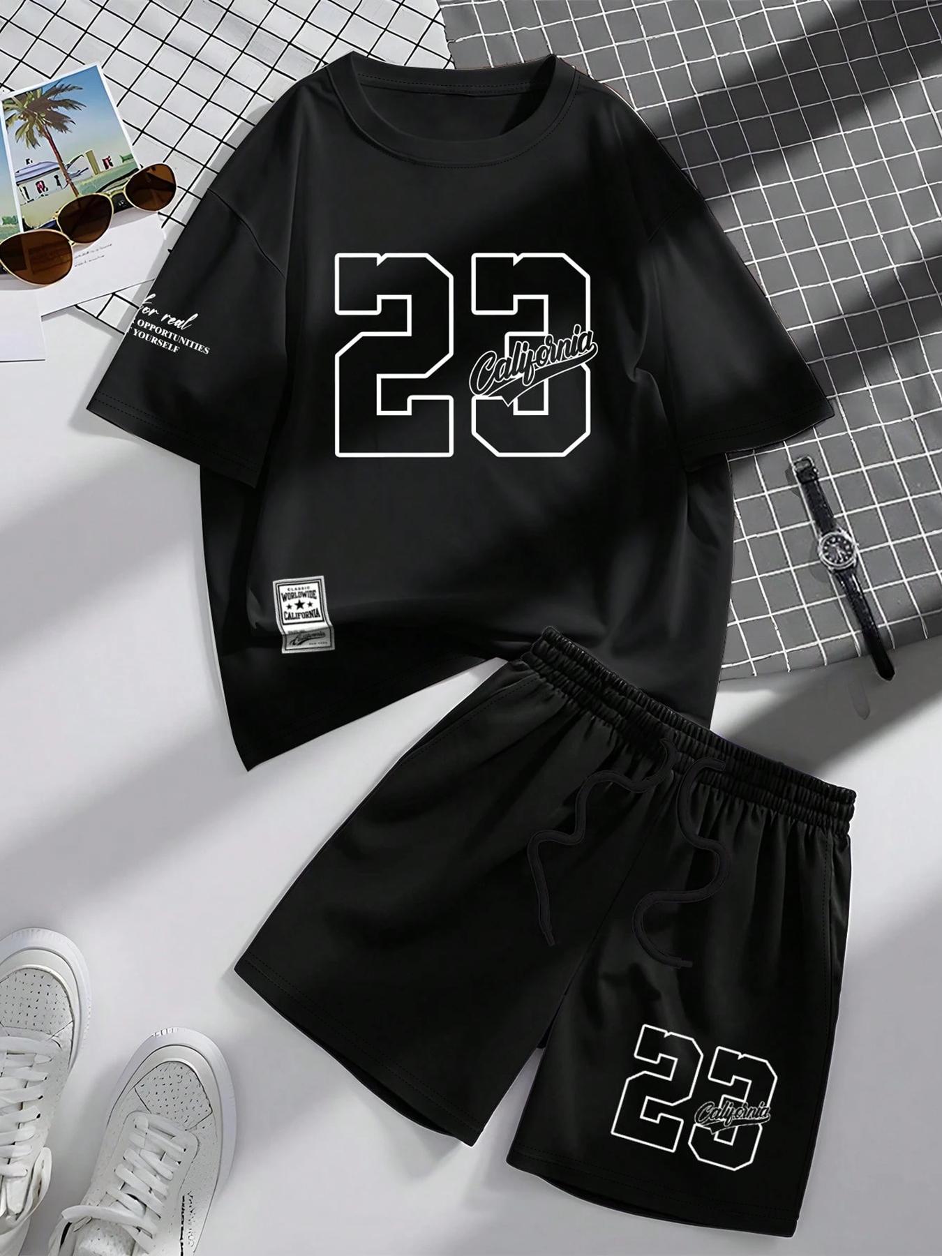 Men's Letter Print Short Sleeve Tee & Shorts Two-piece Set, Regular Fit Round Neck T-shirt & Track Shorts, Casual Fashion Cozy Breathable Men Two-piece Outfits for All Seasons