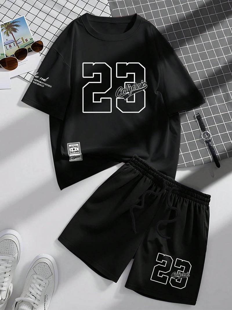 Men's Letter Print Short Sleeve Tee & Shorts Two-piece Set, Regular Fit Round Neck T-shirt & Track Shorts, Casual Fashion Cozy Breathable Men Two-piece Outfits for All Seasons