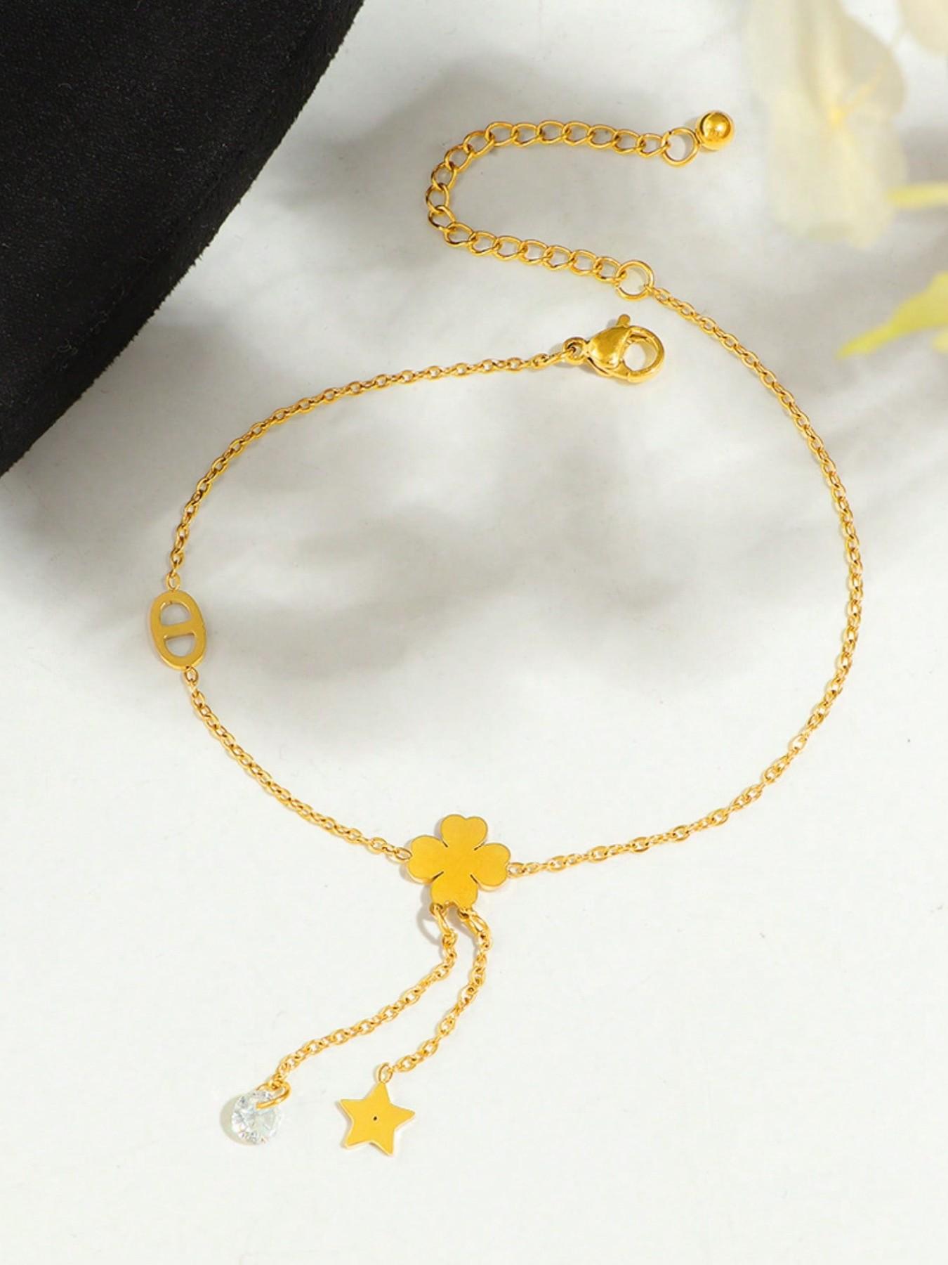 Fashionable Delicate Tassel Four-Leaf Clover Anklet, Unique Five-Pointed Star Pendant, Everyday & Party Jewelry, 1pc