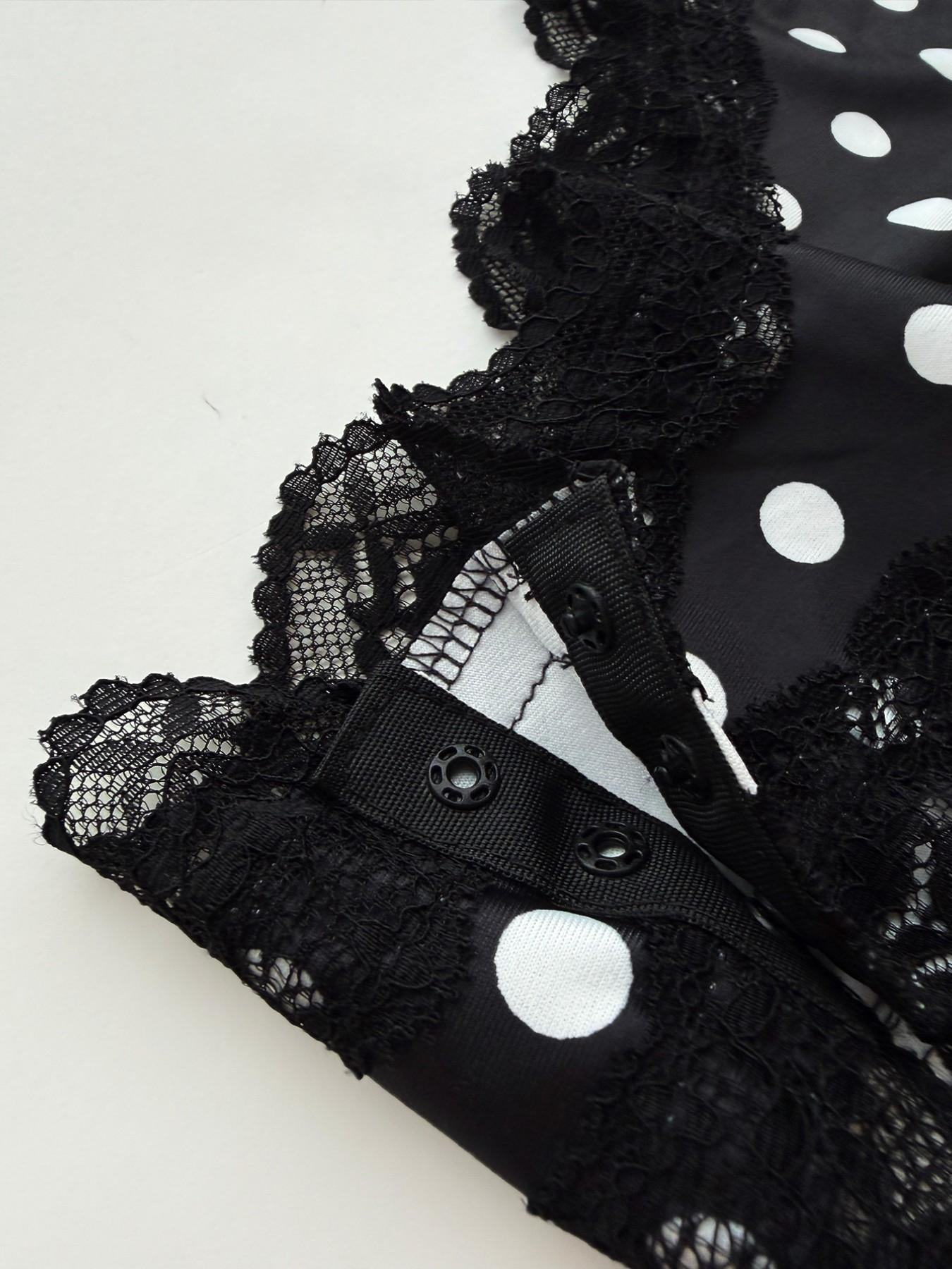 Black White Polka Dot Deep Plunge Bodysuit Women Lace Trim Spaghetti Strap Slim Fit One Piece Teddy Deep V Neck Stretch Bodycon Y2K Sexy Going Out Clubwear Lingerie Inspired Sleeveless Fashion Top Casual Streetwear Bodysuit