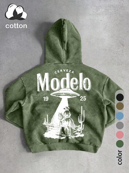 UFO and Western Cowboy Men's Street Retro Style Washed Hooded Sweatshirt Fashion Trend Casual Hoodies