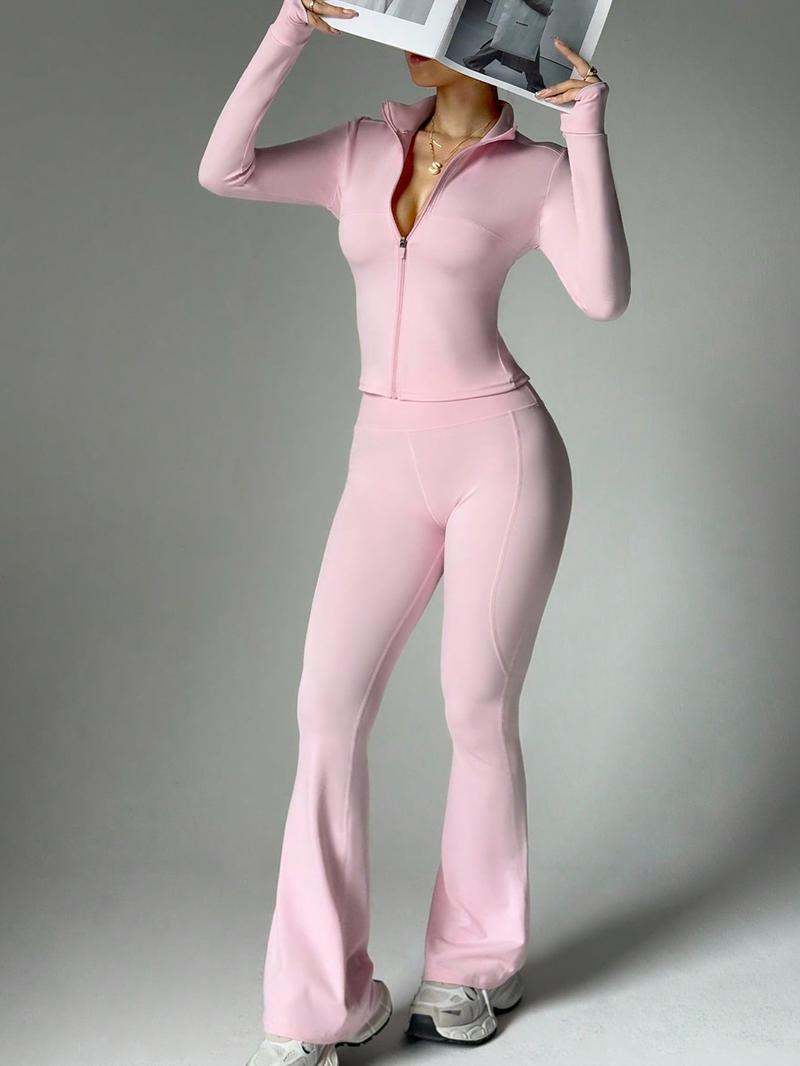 Two piece set women's loungewear set with long-sleeve zip-up jacket and wide-leg pants suitable for outings vacations airport travel Comfortable casual stylish pajama set for women with long sleeves and long pants