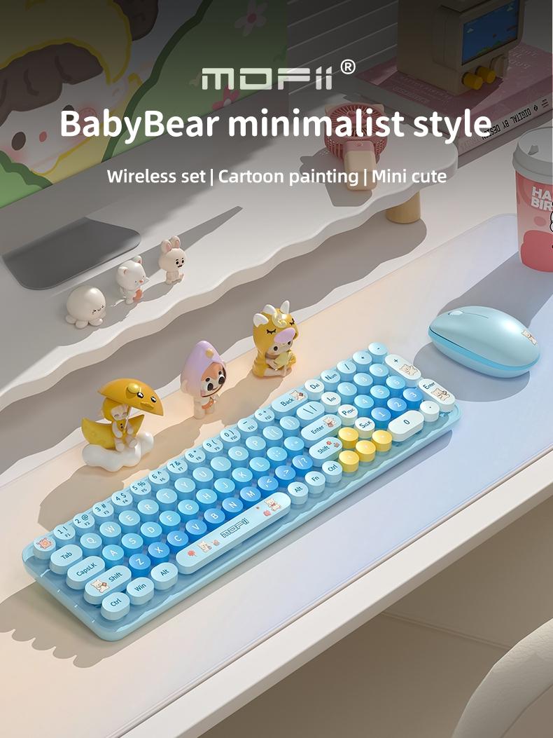 MOFii 1 Set Blue Bear Wireless Keyboard and Mouse Combo, Aesthetic Desk Essential for Students, 2.4G Plug and Play, Compatible with Laptop & Desktop, US Qwerty (Battery Not Included)