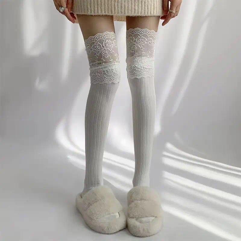 Korean Sexy Lace Thigh High Stockings for Women, Lolita Over The Knee High Socks, Sheer Lace Top Boot Socks for Daily & Cosplay