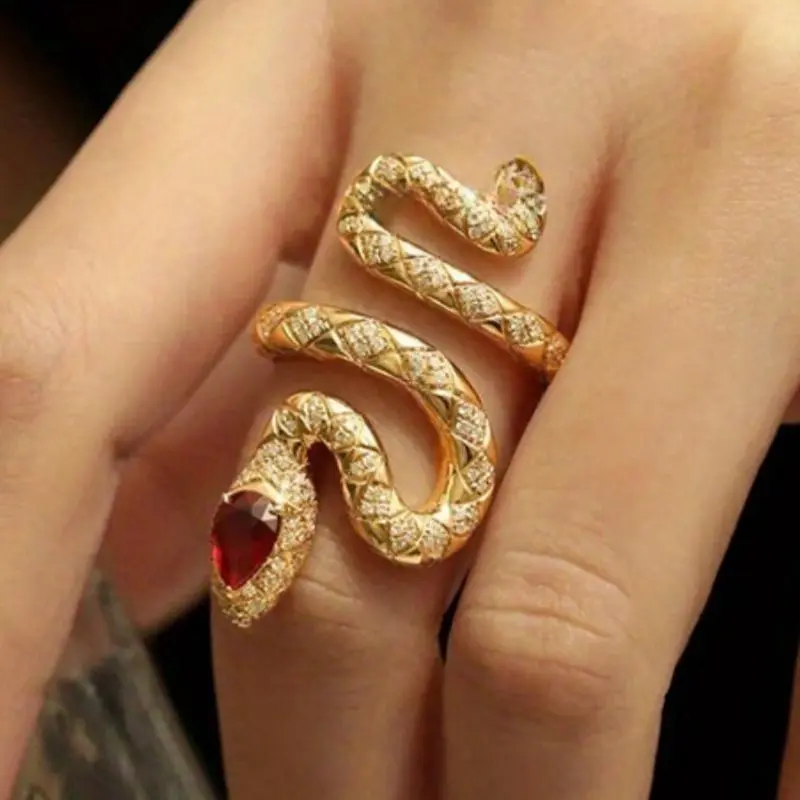 Golden Jewelry Featuring a Retro Gothic Inlay with Red Zirconia, Designed As a Snake Ring Suitable for Both Men And Women, Perfect for Banquets, Parties, Carnivals, And Halloween