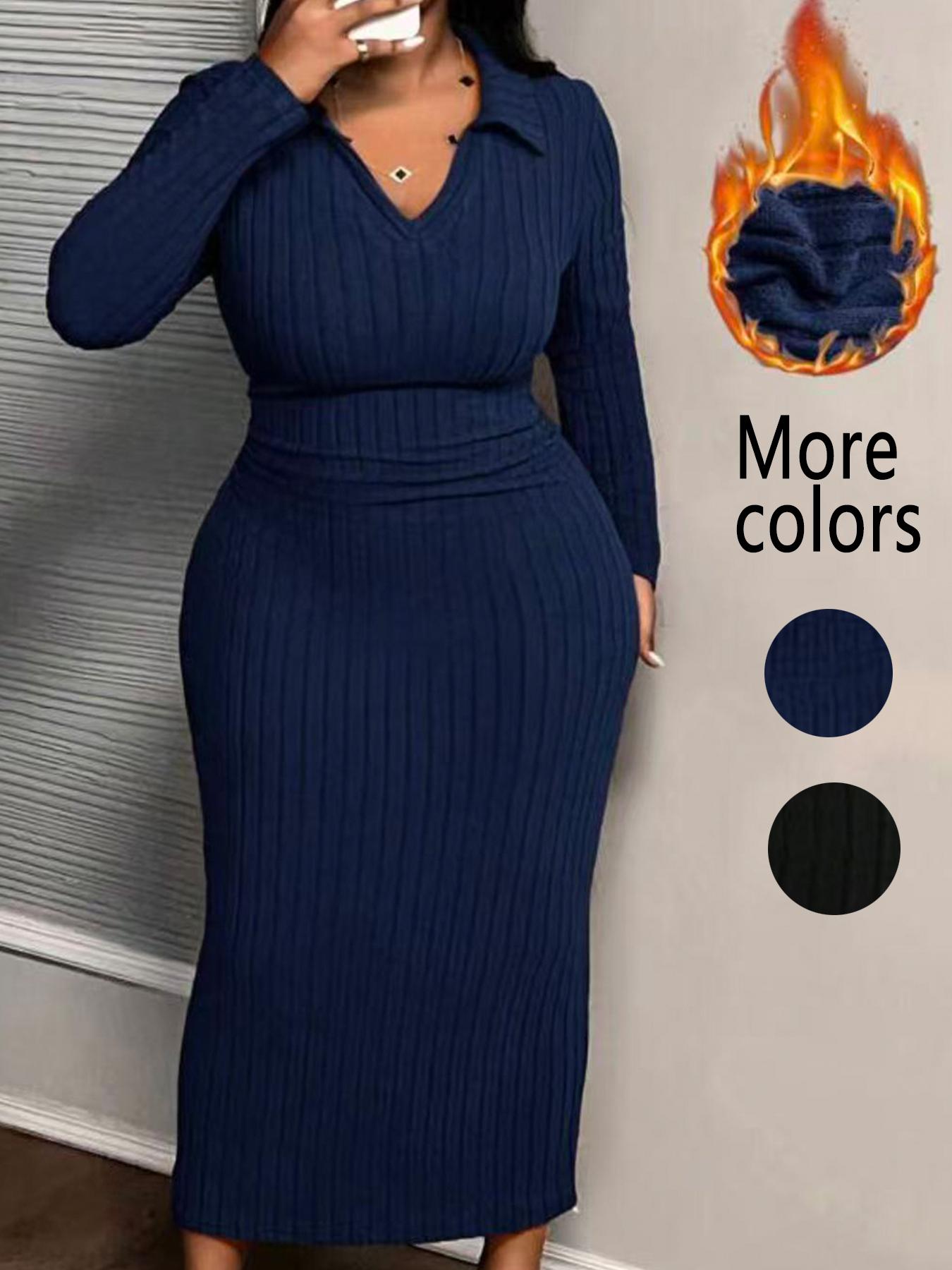 【Plus Size】1 Piece Plus Size Ribbed Knit Midi Dress with Collared V-Neck, Elegant Casual Style, Stretchy Fabric & Bodycon Fit, Flatters Curves Perfectly, Suitable for Plus Size Women's Office, Dinner Dates & Weekend Events