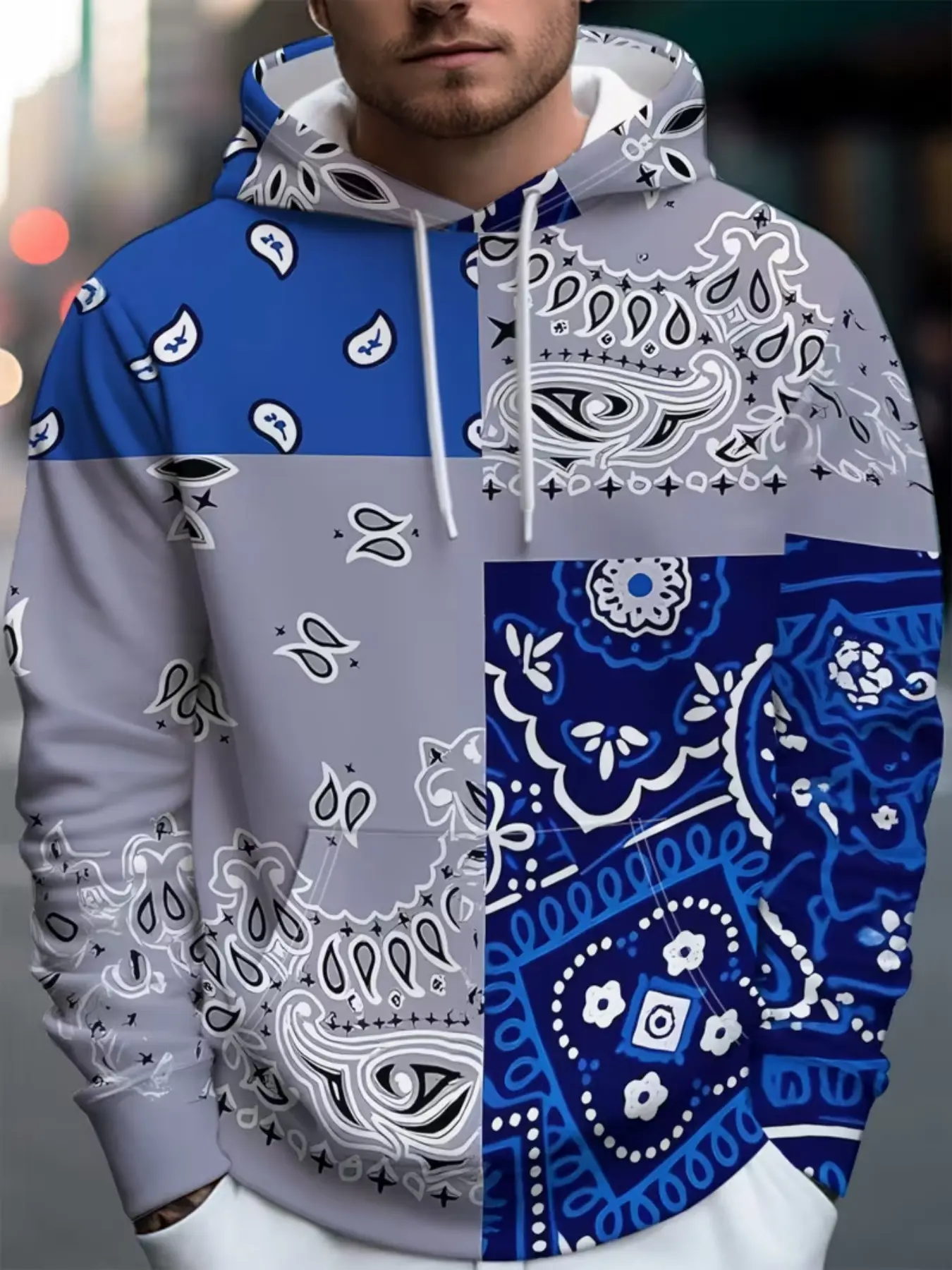 Men's Hooded Sweatshirt, Blue Patchwork, Paisley and Floral Print, Casual Fitted Style, All Seasons Wear
