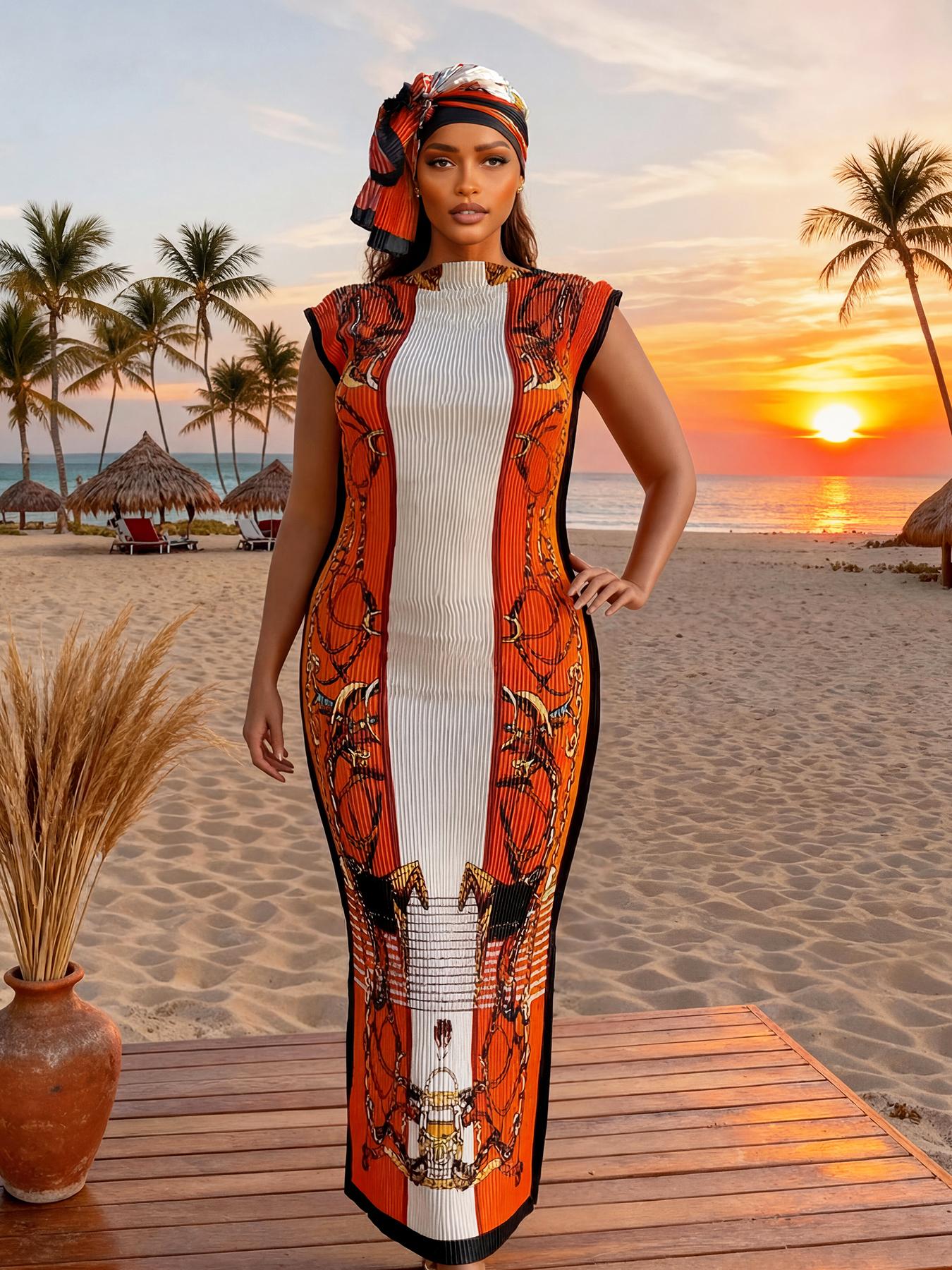 Elegant Pleated Fit and Flare Moo Moo Long Dress with Equestrian Print, Complete Set with Shawl and Long Silk Scarf for Beach Sun Protection, Beach Cover Ups, Swimsuit Cover Up