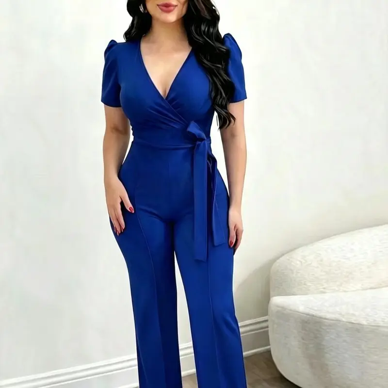 Fashion Summer Solid Color Basic Casual Chic Cute V-Neck Jumpsuit, Vacation Style Elegant Short Sleeve Waist Belted Jumpsuit, Beach Holiday Jumpsuit, Elegance Womenswear