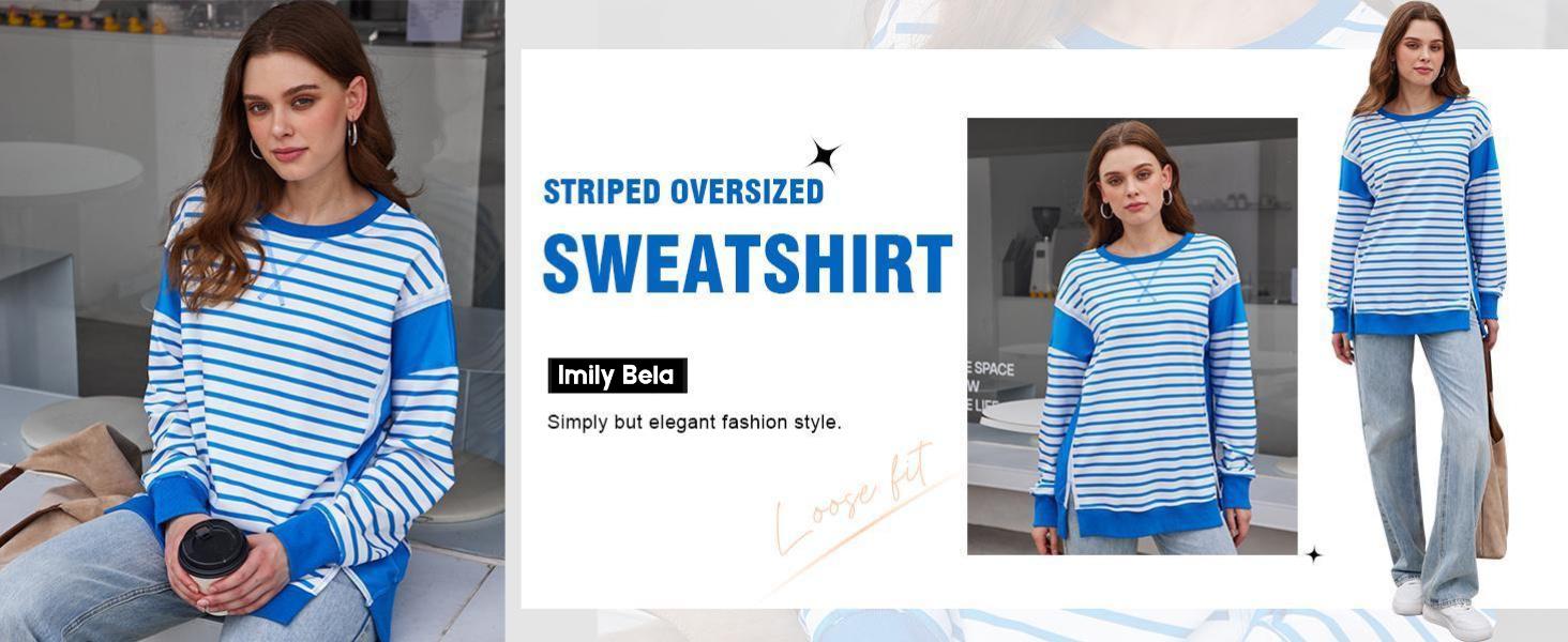 Imily Bela Womens Striped Oversize T-Shirt Casual Half Sleeve Color Block Tunic Summer Crew Neck Tee Tops