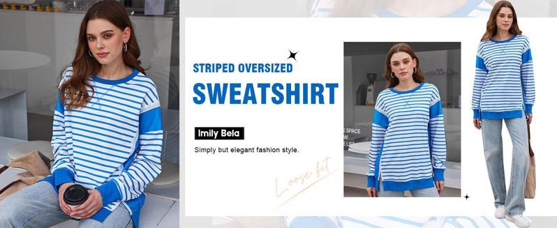 Imily Bela Womens Striped Oversize T-Shirt Casual Half Sleeve Color Block Tunic Summer Crew Neck Tee Tops