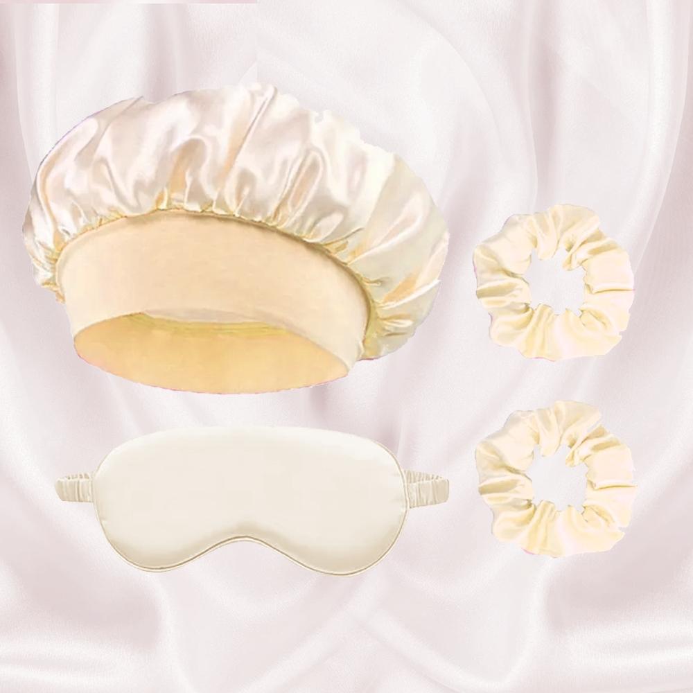 Sleep Mask and Hair Care Tool Set, Satin Sleep Cap, Soft Sleeping Eye Mask, 2 Hair Scrunchies, Alcohol-Free, Ideal for Travel & Home Use