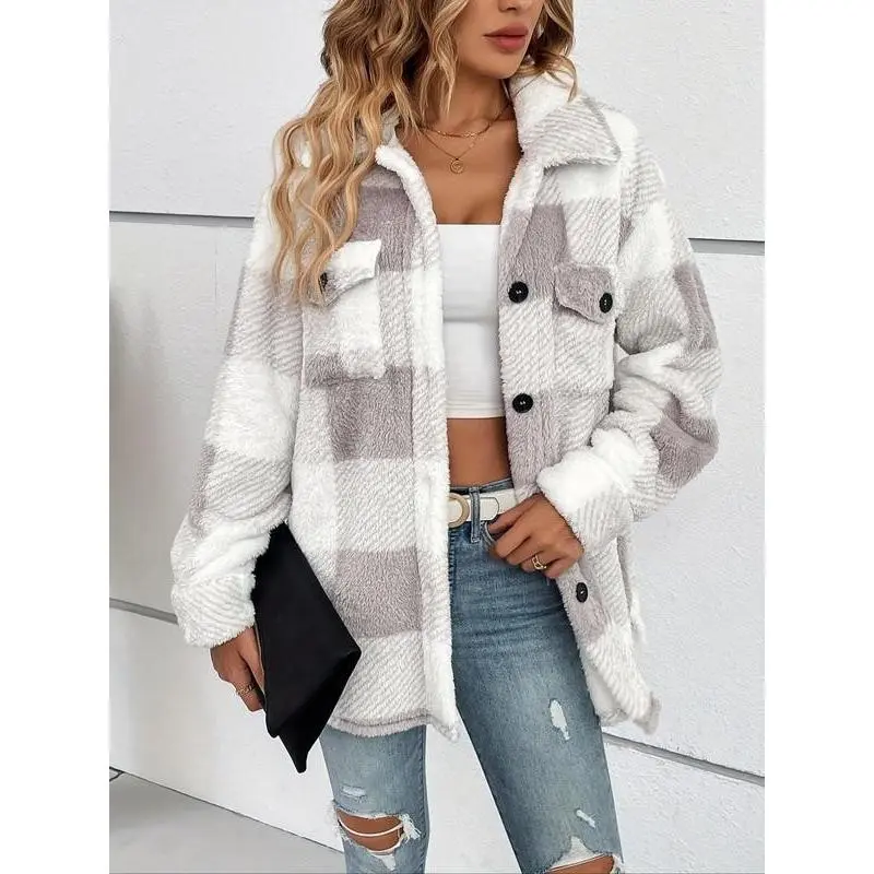 Plus Size Plaid Print Button Front Fuzzy Jacket, Casual Long Sleeve Collared Outerwear for Fall & Winter, Women's Christmas and New Year Daily Wear Clothes