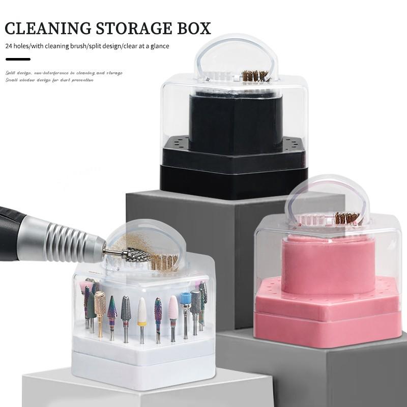 24-Hole Nail Art Drill Cleaning Storage Box with Brush & Grinding Head Holder - Heavy-Duty Acrylic Organizer with 24 Holes, Ideal for Professional & Home Use, 24 Holes Nail Drill Bits Organizer
