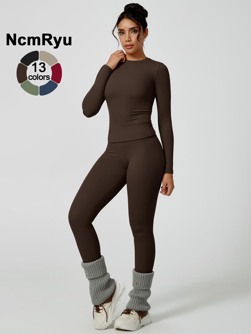 Two-Piece Set Women's Patchwork High Elastic Soft Round Neck Flat Shoulder Long Sleeve Slim Fit Beautiful Hip Tight Pants Yoga Clothes suit Four Seasons Outdoor Running Cycling Hiking Walking Shopping Fashion suit Gym Sporty High Stretch