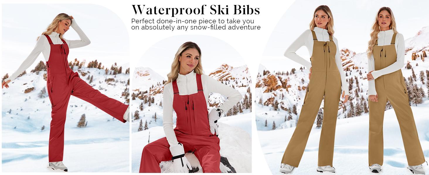 Imily Bela Women's Insulated Waterproof Snow Bibs, Lightweight Polyester Ski Pants for Winter Outdoor Activities, Zipper, Straps, Shell, Essential, Elastic, Camping, Rock Climbing, Snowboarding, Skiing, Gaiter Boot Seal, Zipper Vent, Polyester Shell