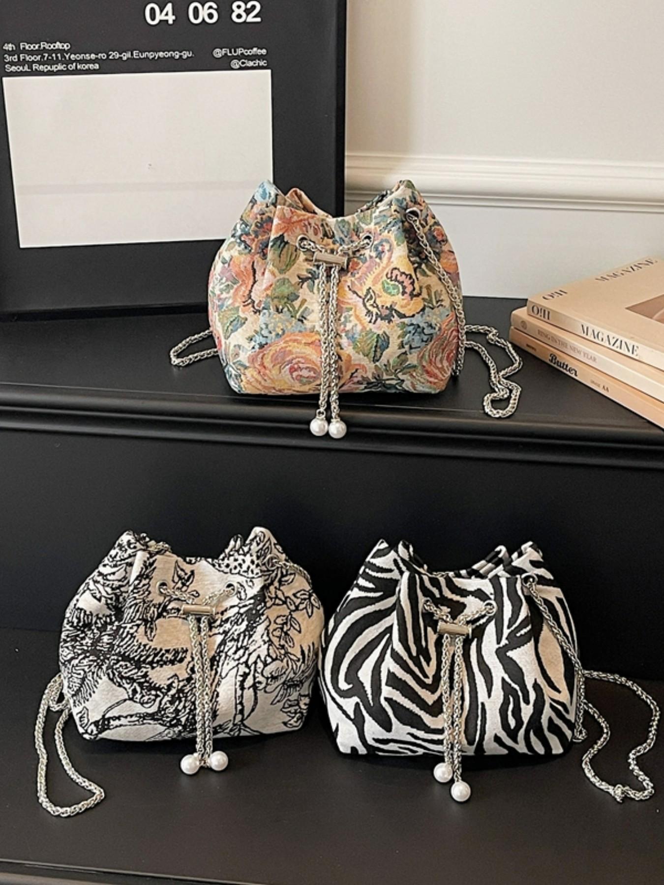 Elegant Floral Print Bucket Bag, Drawstring Design, Fashionable Crossbody Shoulder Bag, High-End Stylish Single Strap Bag