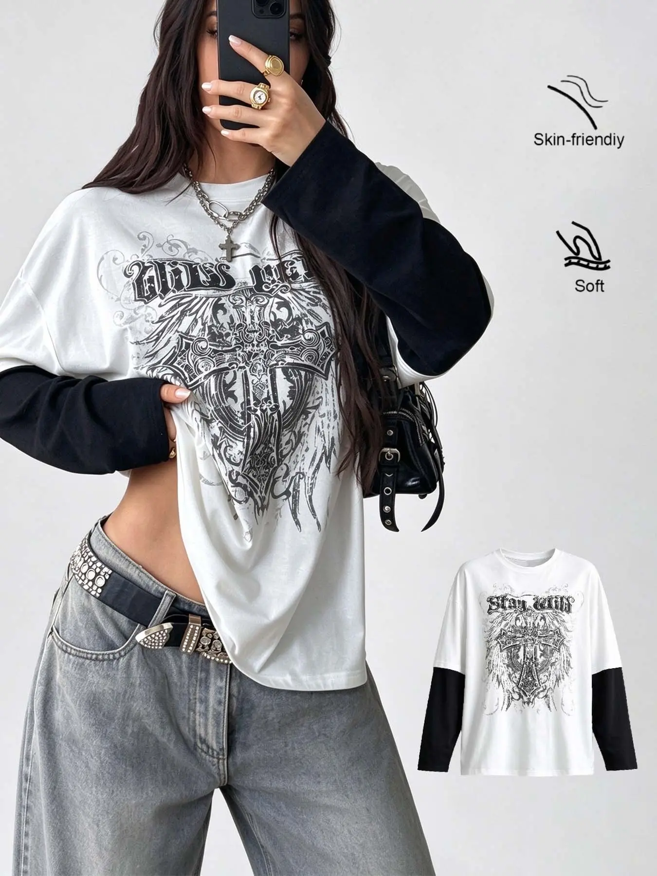 Y2K Gothic Dark Cross Wing Print Fake Two-Piece Long Sleeve Top, Oversized Contrast Color Tee, Vintage Grunge Streetwear, Unisex For Spring & Autumn, Party & Daily Wear