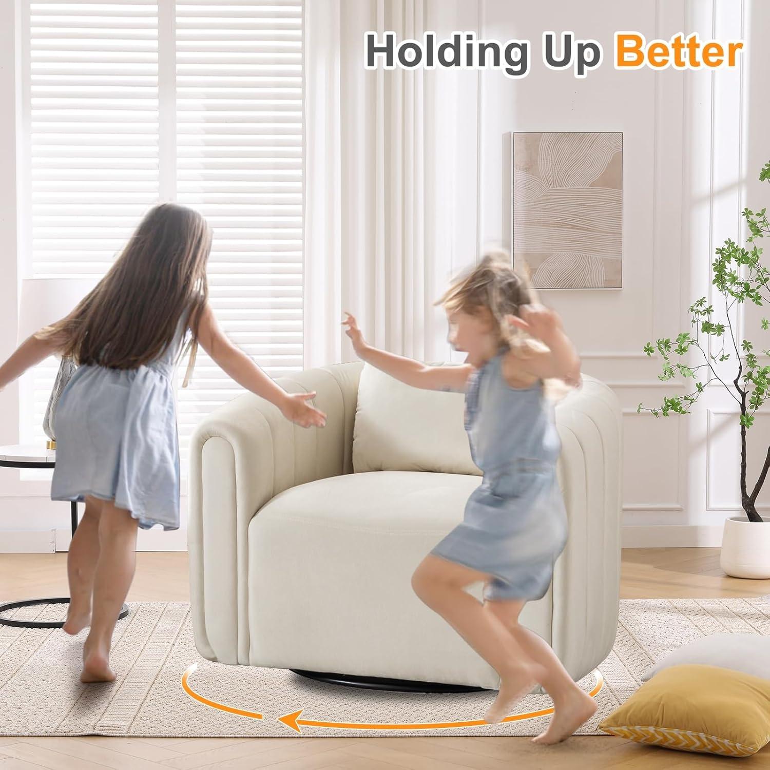 [SpringStatements] Ebello Swivel Feature Chair with Plump Pillow, Modern Channel Dutch Velvet Upholstery Chair, Comfortable Round Armchair, Swivel Bucket Chair for Kindergarten Living Room Bedroom