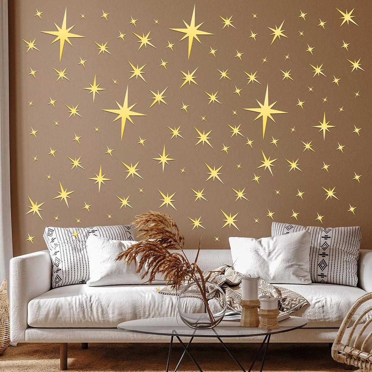 82 Piece 3D Acrylic Star Mirror Wall Stickers, Detachable Self-Adhesive Decorative Decals, Ceiling Bedroom Living Room Girl's Room, /silver Color