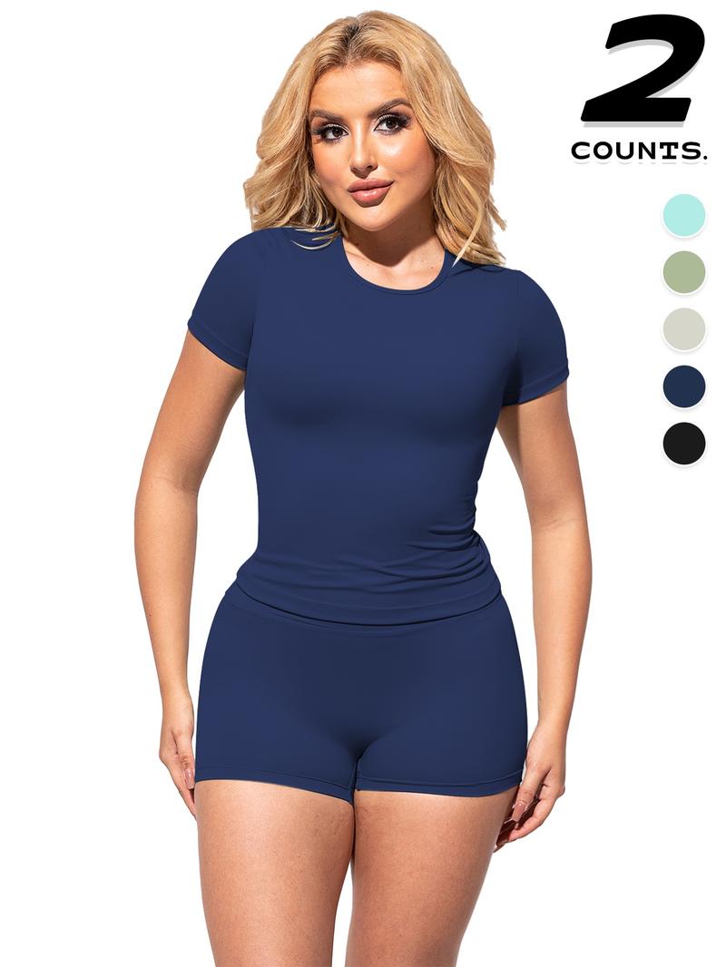 2PCSWomen's Solid Color Short Sleeve Tee & Shorts Set, Breathable Gym Yoga Running, Training Clothes, Comfortable Sportswear for Women