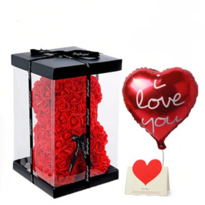 Rose Bear Valentine's Day Gift Set, Floral Teddy Bear with Box Balloon Card, Cute Romantic Love Christmas Wedding Birthday Decorations