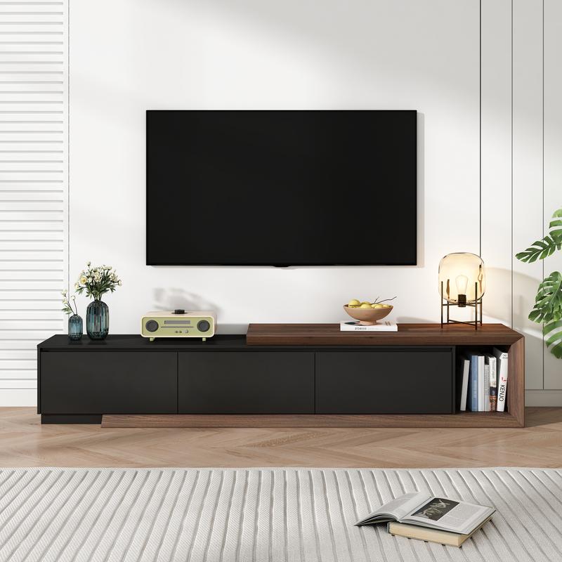 Extendable TV Stand with 3 Drawers, Modern Minimalist Entertainment Center, Reversible Long TV Media Console, Bevel Design, 82-107 Inch, Black & Walnut/White & Walnut