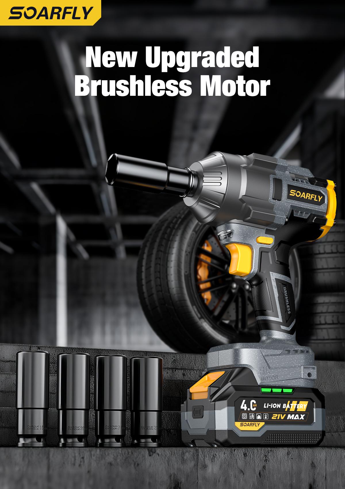 SOARFLY 3-in-1 Multi-Purpose 1000NM (750FT-LBS) Cordless lmpact Wrench, 2x 4.0Ah Batteries, Fast Charger, 6 Screwdriver Bit, 8 Drill Bit, 6 Sockets