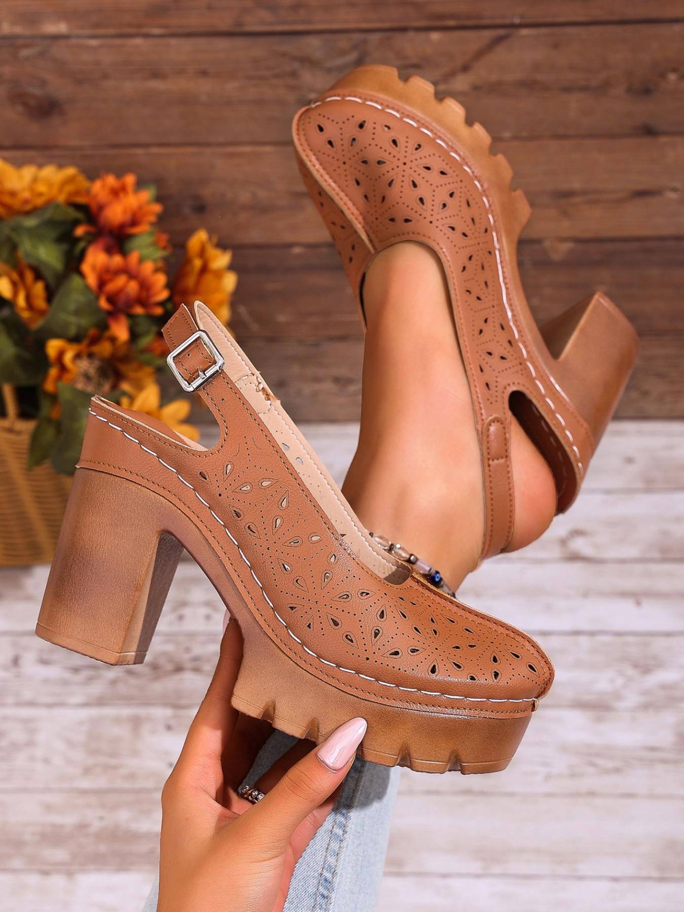 2026 Summer New Retro Thick Heel Sandals for Women, Hollow Out Floral Design, Waterproof Platform High Heels, Versatile Outdoor Wear