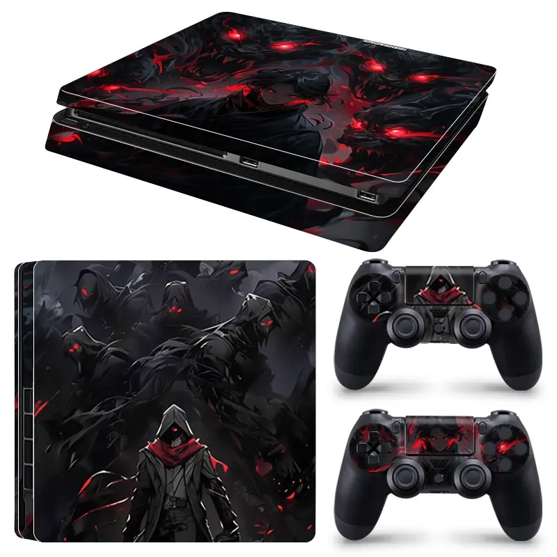 Hooded Wanderer Red Eyes Shadow Creature Dark Fantasy Art Vinyl Skin Cover for PS4 Slim Console and Wireless Controllers, Waterproof, Scratch-Proof & Long Lasting, Removable Without Residue Game Console Decor Sticker
