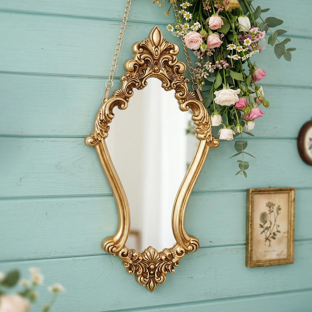 European Vintage Wall Mirror, Resin Hand-Painted Makeup Mirror, Home Decor Art, Bathroom, Vanity, Gift, Photography Prop