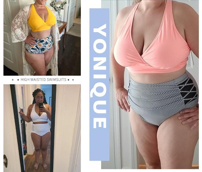 Yonique Women's Two Piece Plus Size Bikini Set, V Neck Top & Full Coverage High Waisted Bikini Bottom, Tummy Control Swimwear for Beach Swimming Holiday Vacation