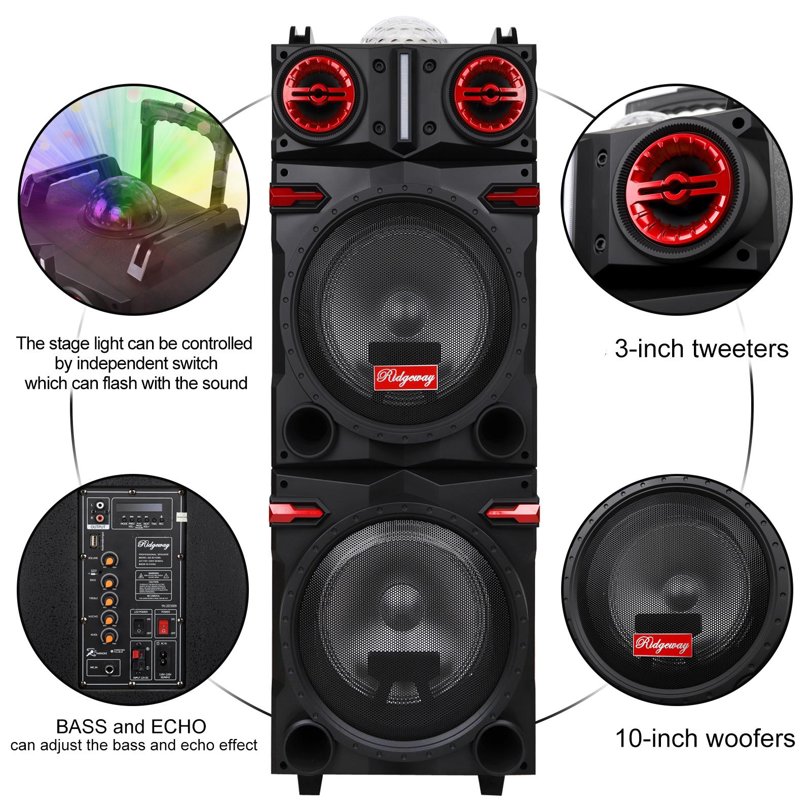 Portable Bluetooth PA Speaker Karaoke Machine 2 x 10" Subwoofer And 1 x 3" Tweeter Loud Party Speaker With Microphone FM LED Remote Control TWS