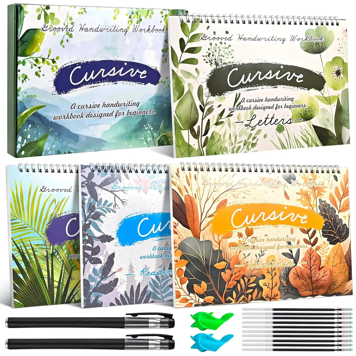 4-Pack  Grooved Cursive Handwriting Workbooks with Disappearing Ink | Cursive Practice Kit for Letters, Words, Sentences & Reading, Cursive Handwriting Workbook Ages 6–12