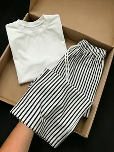 Women's Simple Fashion T-Shirt + Striped Straight-Leg Pants, Casual Style for Home, Hiking Camping, Travel