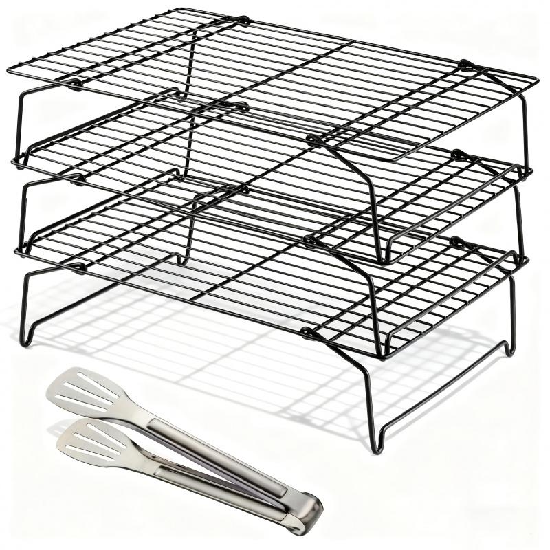 4-Piece Stackable Cooling Rack with Food Clips, Heavy-Duty Foldable Metal Kitchen Storage Rack, Oven-Safe and Dishwasher Safe